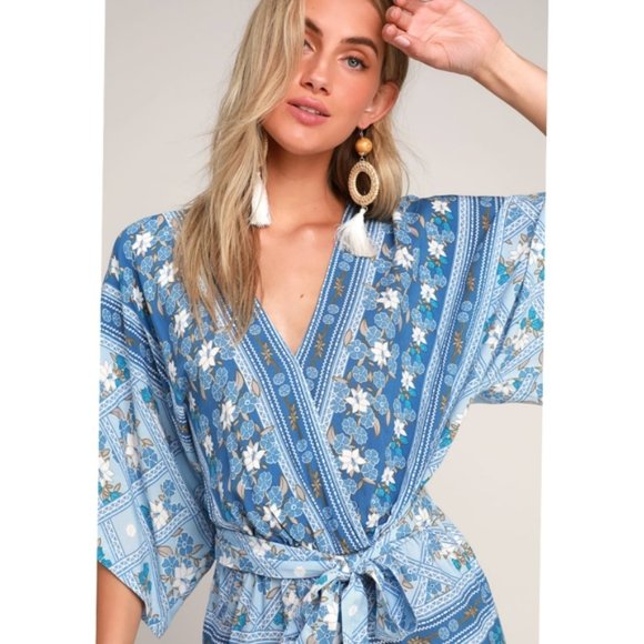 Lulus Dominica Blue Floral Print Surplice Romper S - Picture 12 of 12